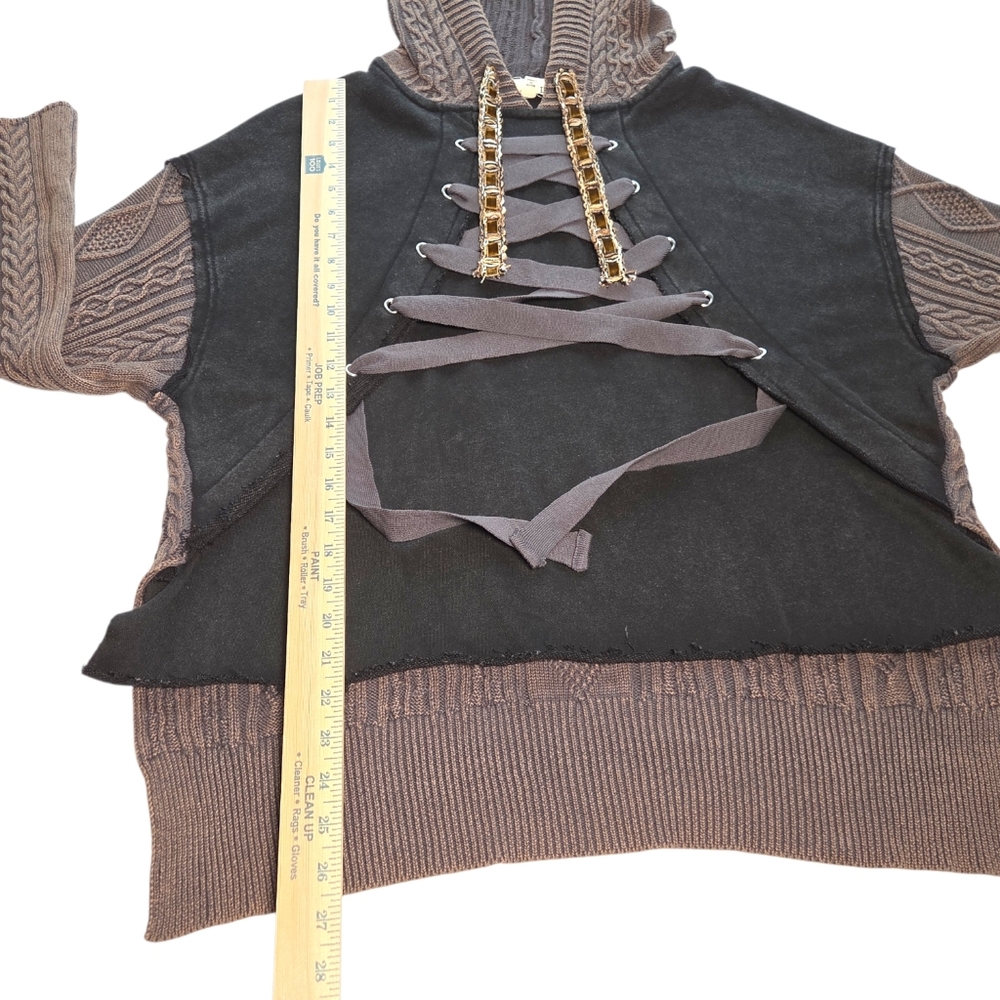POL Rebel Lace Up Knit Hoodie Mineral Wash Brown Black Boho Grunge Small NWOT - Picture 11 of 16